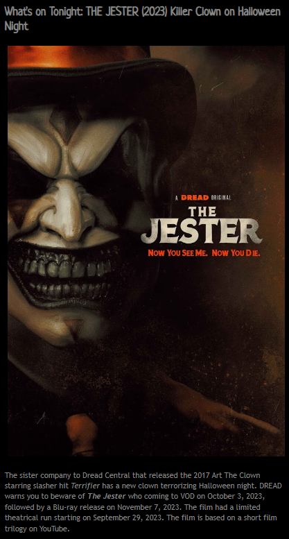 What's on Tonight: THE JESTER (2023) Killer Clown on Halloween Night